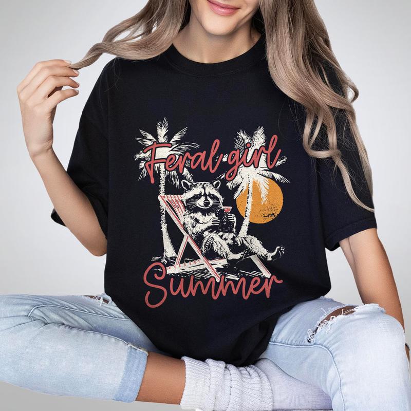 Feral Girl Summer Shirt, Feral Women Comfort Tee, Racoon Lover Shirt, Funny Raccoon T-Shirt, Beach Shirt, Beach Vacation Outfits, Trendy Summer Design, Feral Women Tops
