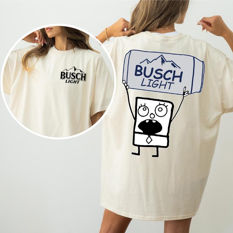 DoodleBob Busch Light Unisex T-Shirt, Funny Doodlebob Beer Graphic 2 Sided Shirt, Vintage Drink T-Shirt, Drinking Tshirt for Men, Comfort Cotton Fabric Tshirt, Women's Top, Casual Womenswear