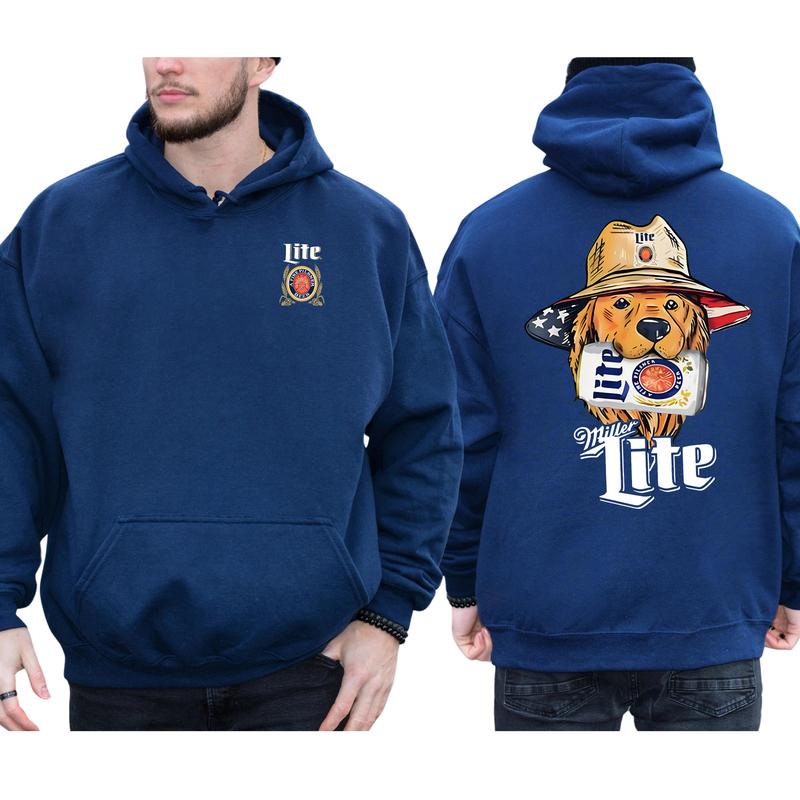 Vintage Miller Lite Golden Dog Hunting 2-Sided Hoodie, Men's Best Friend Dog Hoodies, Beer Drinking Sweaters, Unisex Drink Tops, Comfort Cotton Casual Menswear, Long Sleeve Pullover