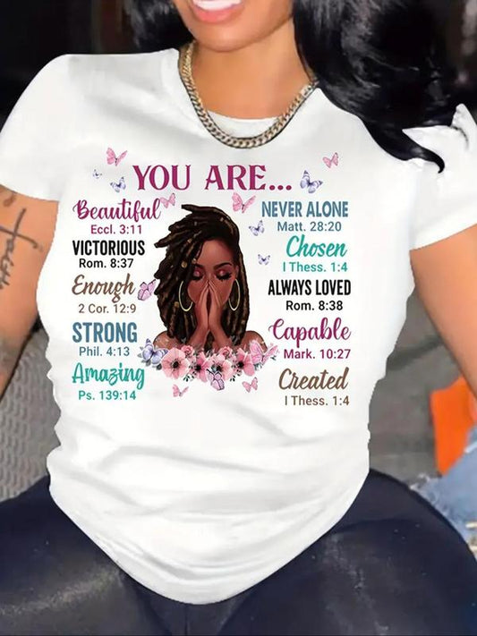 Women's Figure & Letter Print Round Neck Tee, Fashion Casual Crew NeckÃ‚Â Short SleeveÃ‚Â T-Shirt for Daily Holiday Vacation Outdoor Wear, Ladies Summer Clo