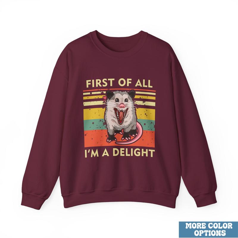 First Of All, I'm A Delight Sweatshirt Ã¢â‚¬â€œ Hilarious Opossum Graphic, Cute & Quirky Animal Sweatshirt, Perfect for Animal Lovers, Sarcastic Self-Love Gi