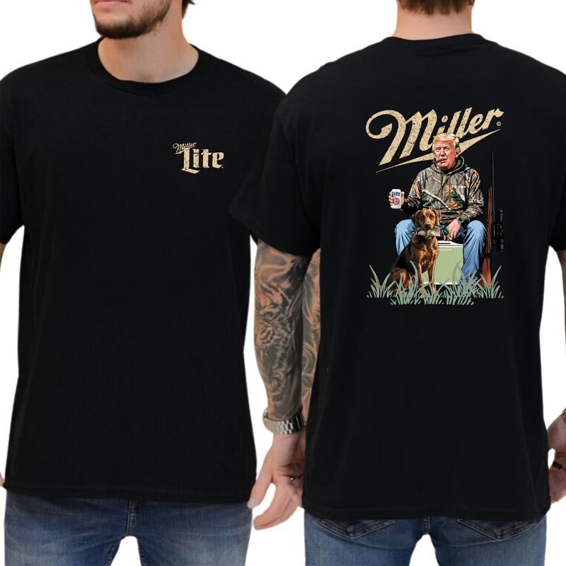 Hunter Trummp with Dog and Miler Lite Beer Shirt 2-Sided, Vintage Men's Buck Hunting Tshirt, Beer Drinking Tee, Hunt Tops, Classic Casual Menswear