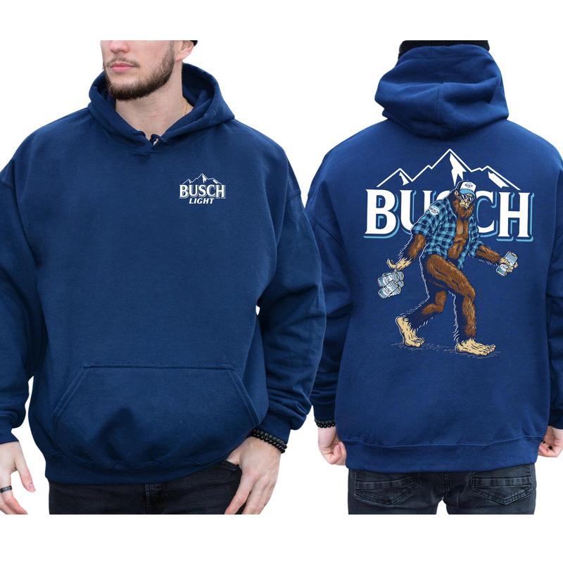 Men's Biggfoot Holding Busch Light 2-Sided Hoodie, Beer Drinking Hoodie, Funny Bigfooot Drink Pullover, Unisex Drinker Tops, Cotton Classic Menswear