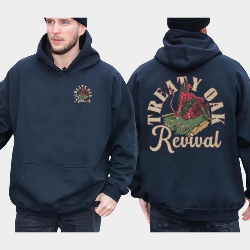 Men's Treaty Oak Revival Graphic 2-Sided Hoodie, Vintage Devil Girl on Billiard Board Concert Unisex Hoodies, Country Music Men's Tops, Comfort Cotton Casual Menswear, Classic Long Sleeve Pullover