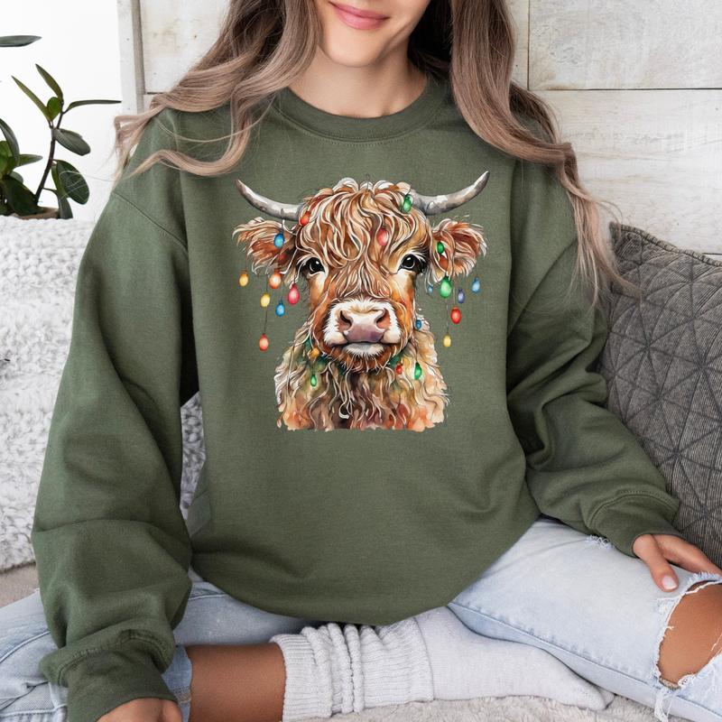Christmas Cow Sweatshirt, Cow Lights Sweater, Cow Women Tshirt, Unisex Crewneck Sweatshirt & Shirt