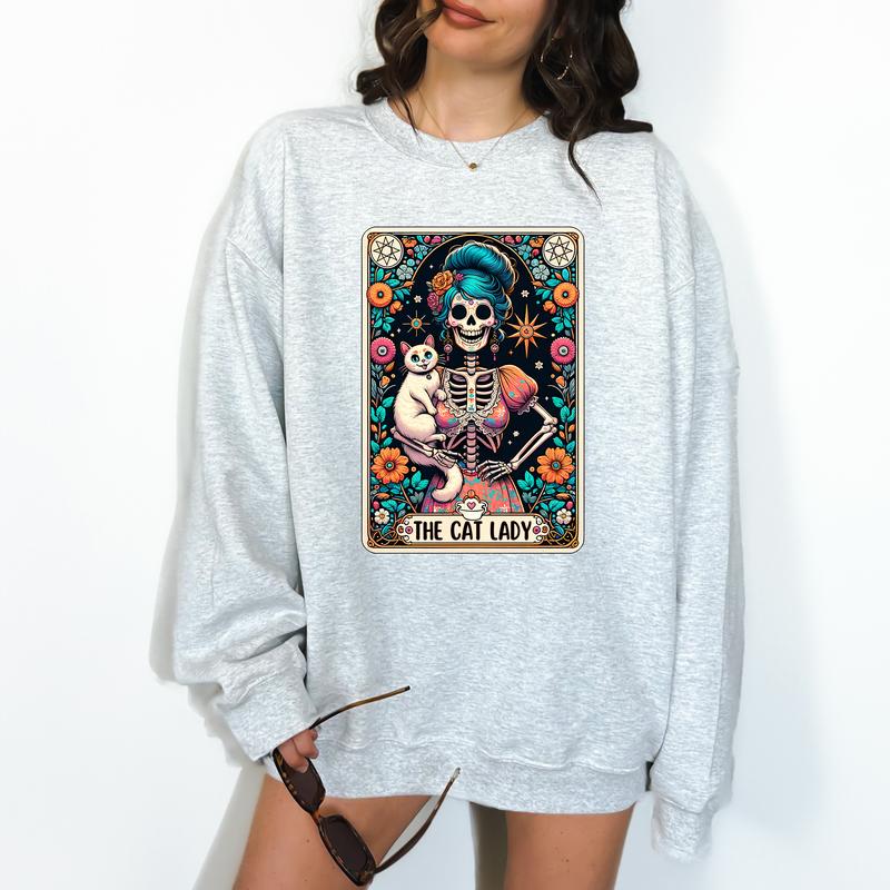 The Cat Lady - Unisex Crewneck Sweatshirt - Print is Sublimation, Tarot, Gift Idea, Relaxed Fit, Casual Apparel