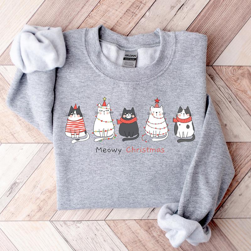 Meowy Christmas Crewneck Sweatshirt, Funny Cat Christmas Hoodie, T-shirt