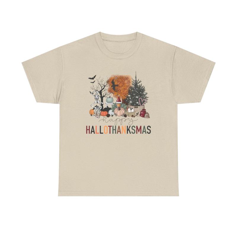 Happy Hallothanksmas Unisex Heavy Cotton Tee - Halloween - Thanksgiving - Christmas - Holiday Shirt - Pumpkin - Ghost - Christmas Tree - Snow - Turkey - Funny Shirt - Gift for Men and Women