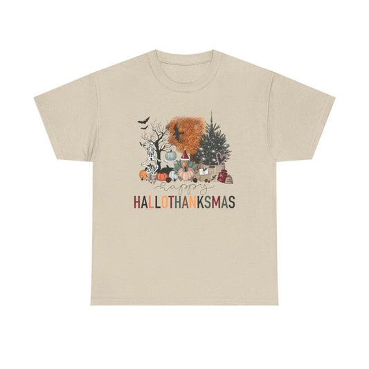 Happy Hallothanksmas Unisex Heavy Cotton Tee - Halloween - Thanksgiving - Christmas - Holiday Shirt - Pumpkin - Ghost - Christmas Tree - Snow - Turkey - Funny Shirt - Gift for Men and Women