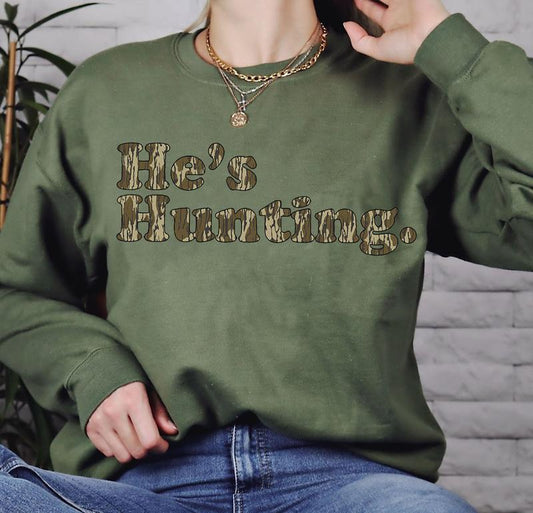 He is Hunting Camoflauge Bottomland Pattern Sweatshirt, Hunting Camo Unisex Shirt, Full Colors