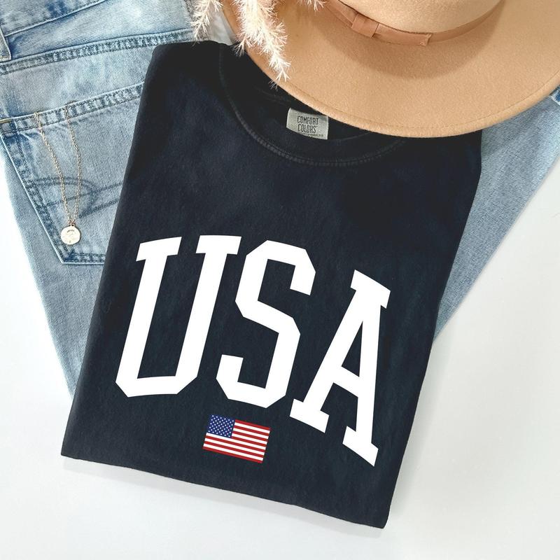 USA Flag, America, Patriotic, White, 4th of July Tshirt, Women's Crew Neck, Crewneck