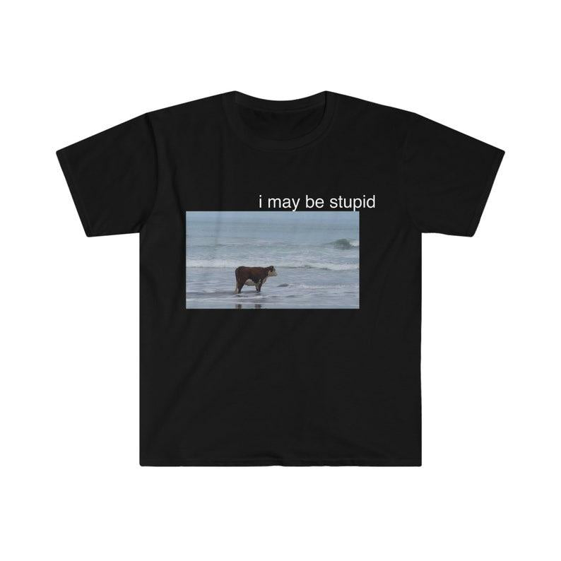I May Be Stupid Cow on Beach Funny Meme TShirt Menswear Top