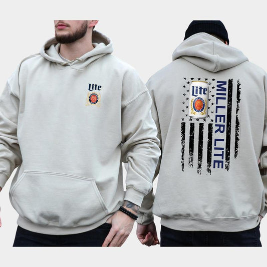 Men's Beer Miller Lite Flag 2-Sided Hoodie, American Flag Beer Drinking Hoodies, Unisex Drink Tops, Drink Sweaters for Him, Comfort Cotton Casual Menswear, Long Sleeve Pullover