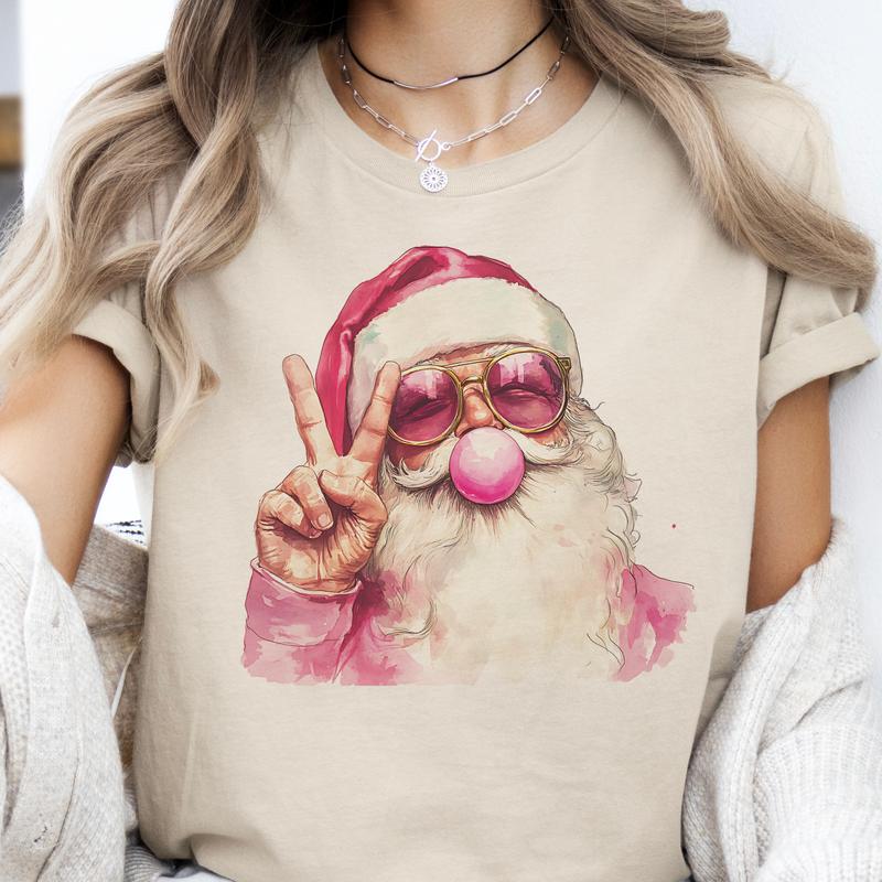 Retro Bubblegum Santa Peace Tee Christmas Santa Bubblegum Tshirt Funny Sunglass Santa Clause T-Shirt Christmas Bubblegum Santa Clause Top Womans Chris