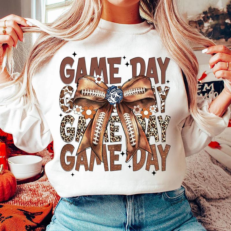 Vintage UNC Football Coquette Bow Game Day Shirt, Gameday Women's Sweatshirt Cotton Fit Top Womenswear Embroidered Flat