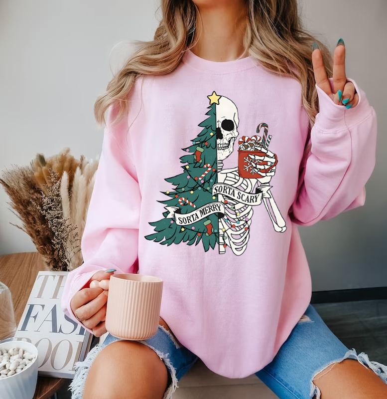 Sorta Merry Sorta Scary Crewneck Sweatshirt, Skeleton Christmas Sweater, Festive Holiday Sweatshirt, Funny Xmas Shirt, Ugly Xmas Sweater, Funny Christ