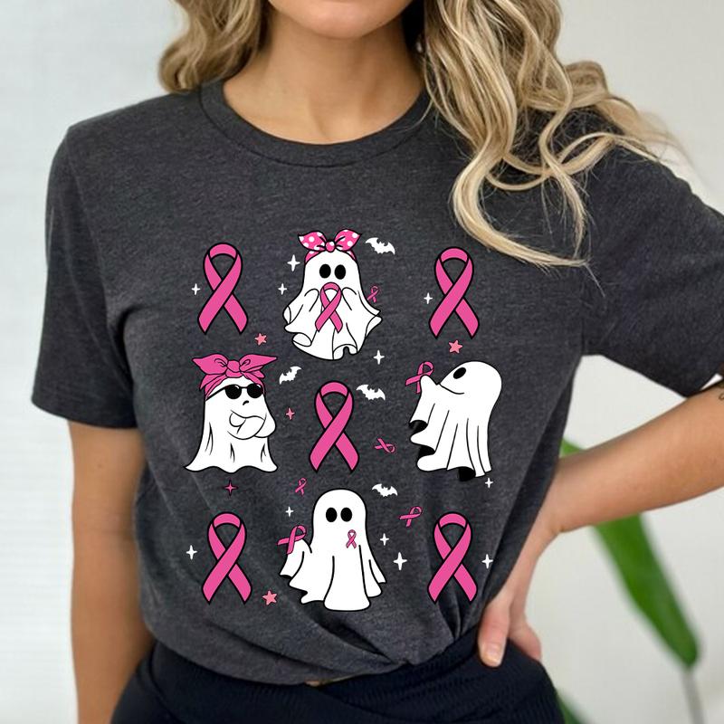 Coquette Breast Cancer Shirt, Ghost Halloween Graphic Tee, Support Squad Shirt, In October We Wear Pink Ghosts, Family Cancer Awareness Gift