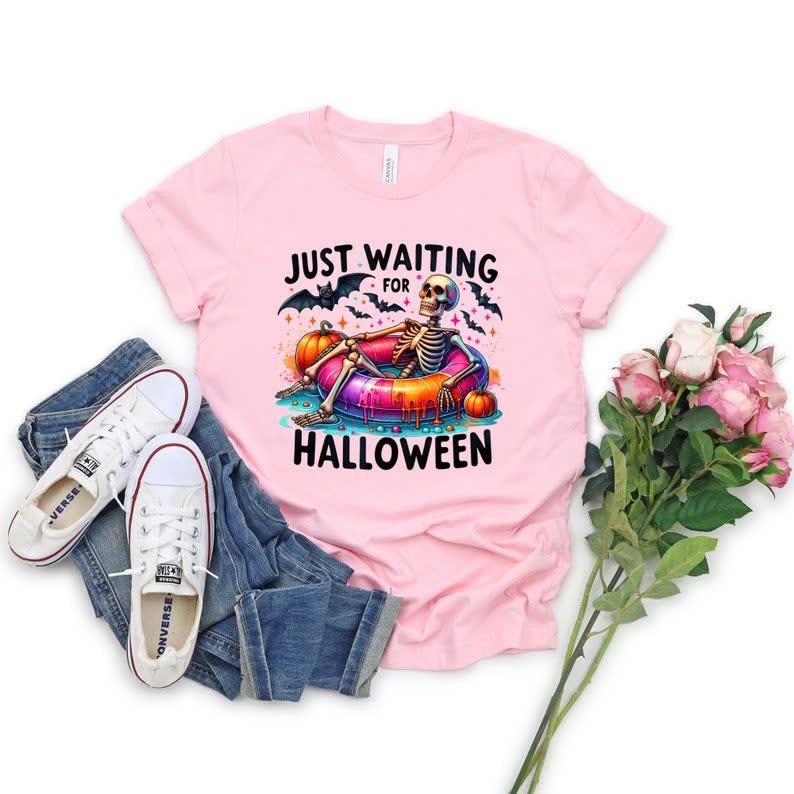 Just Waiting Halloween Shirt, Cute Spooky Summer Halloween Shirt, Funny Halloween, Trendy Skeleton Shirt Casual Fabric Sleeve Soft