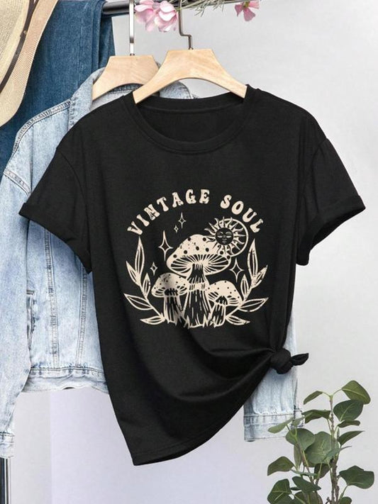 Women's Graphic Round Neck Tee, Summer Clothes Women, Casual Short Sleeve Crew Neck T-Shirt for Summer, Women's Top for Daily Wear