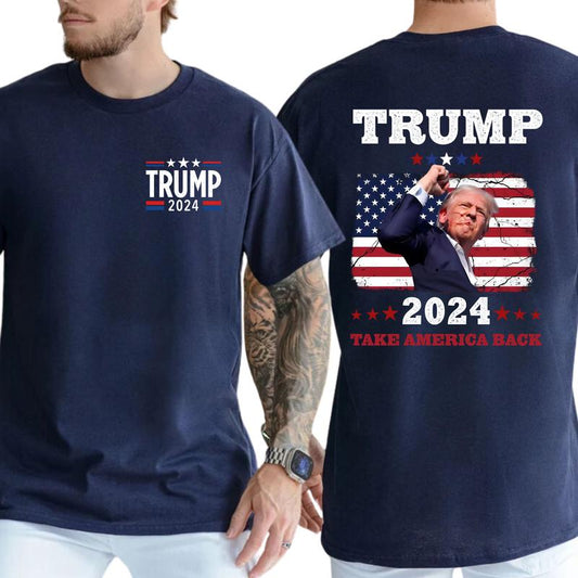 2-Side TRUM SHOT T-SHIRT Trum 2024 Take America Back Shirt, Trum Bulletproof 2024, Funny Tee, Gift For Men, Casual Menswear, Classic Cotton Top, Soft Fabric Shortsleeve Shirt