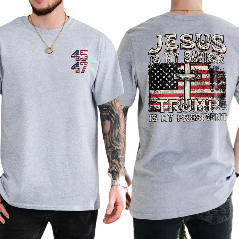Jesus Is My Savior Trump Is My President 2-Sided Shirt, 45 47 Trump Christian T-shirt, MAGA Republican Tee, Vintage American Flag Tee, Casual Menswear