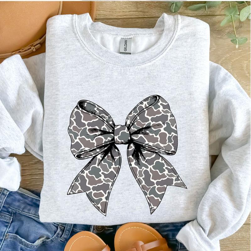 Retro Camo Coquette Bow Sweater, Dove Season Sweatshirt Unisex Classic Cotton Fabric