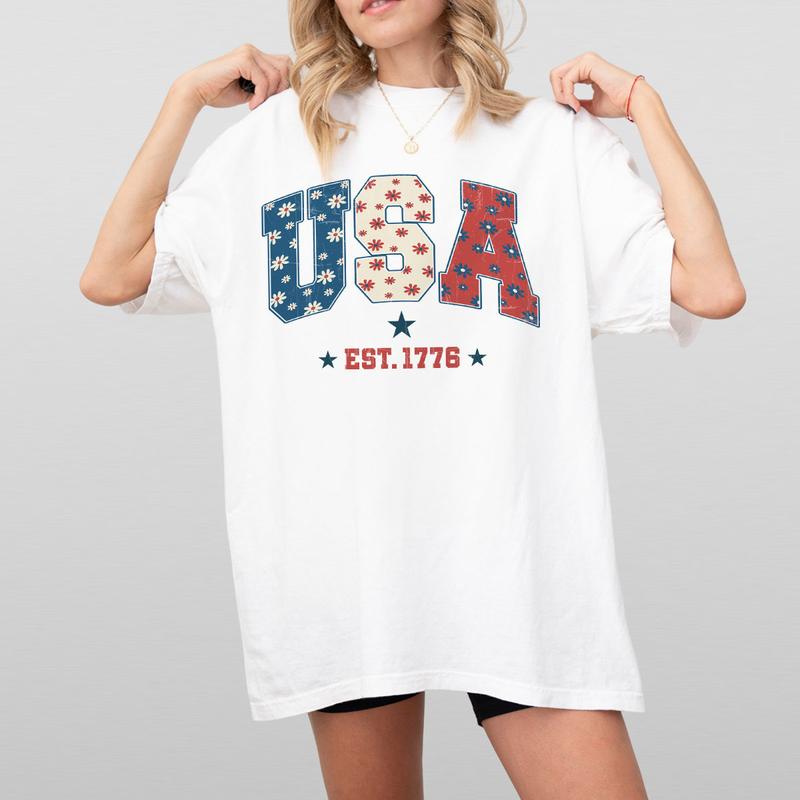 1776 America 4th of July Shirt, USA Floral Flowers Shirt, Comfort Shirt for Women, Retro America Shirt, 1776 Shirt, Comfort Oversized Tshirt, Independence Day Shirt for Her, Him, American Flag Tee, Fourth of July Shirt T-Shirt, July 4th Shirt, Women Top