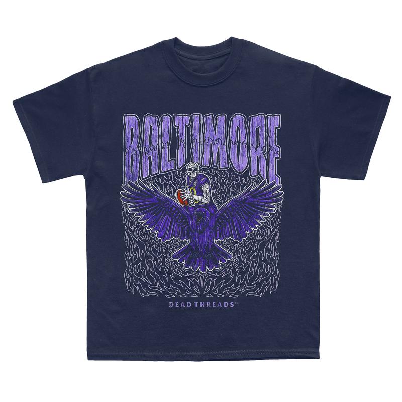 Baltimore football, Deadman's Raven Graphic T-Shirt, Full Cotton, Men's Top Women's Top, American Football Team, For Men And Women Fabric Menswear Retro Print Womenswear