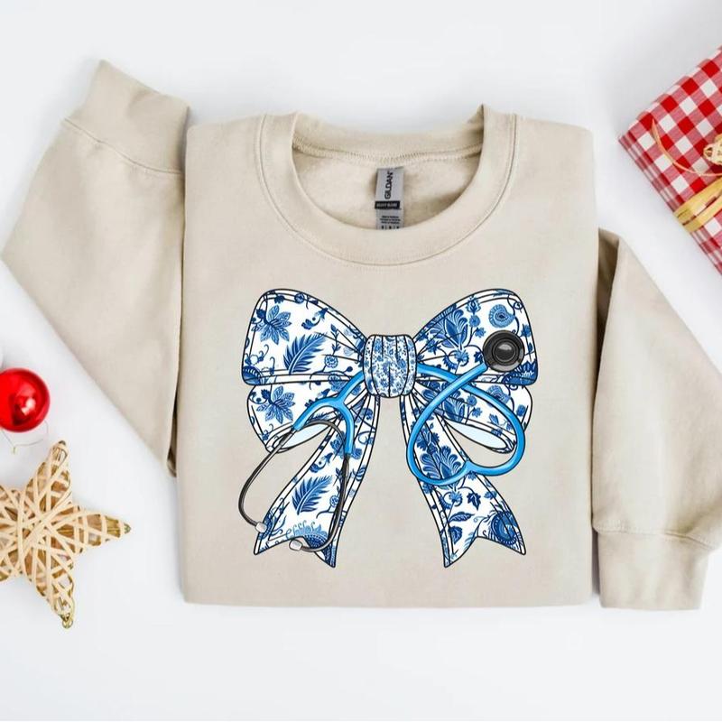 Nurse Stethoscope Bow Sweatshirt, Blue Ribbon Shirt For Nurses, Nurse Life, Christmas Nurse Gift, Unisex Shirt, Gift For Her, Gift For Him
