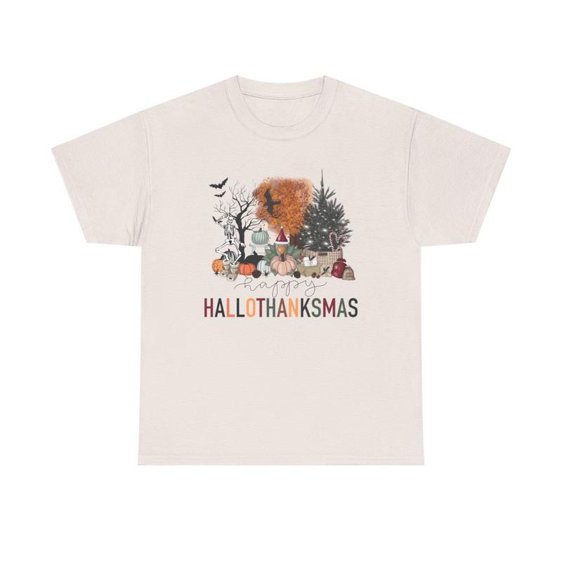 Happy Hallothanksmas Unisex Heavy Cotton Tee - Halloween - Thanksgiving - Christmas - Holiday Shirt - Pumpkin - Ghost - Christmas Tree - Snow - Turkey - Funny Shirt - Gift for Men and Women