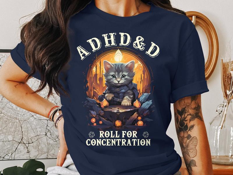 Dungeons and Dragons ADHD&D Roll for Concentration T-shirt, ADHA Cat DnD Vintage Tee, Funny Black Cat ADHD&D Unisex Shirt, RPG Gift