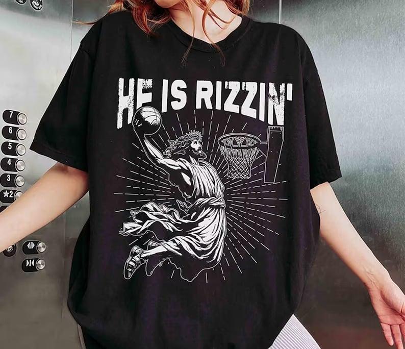 Retro He Is Rizzin' T-Shirt, Funny Jesus T-Shirt, Humor Easter T-Shirt, Christian East Cotton Fabric