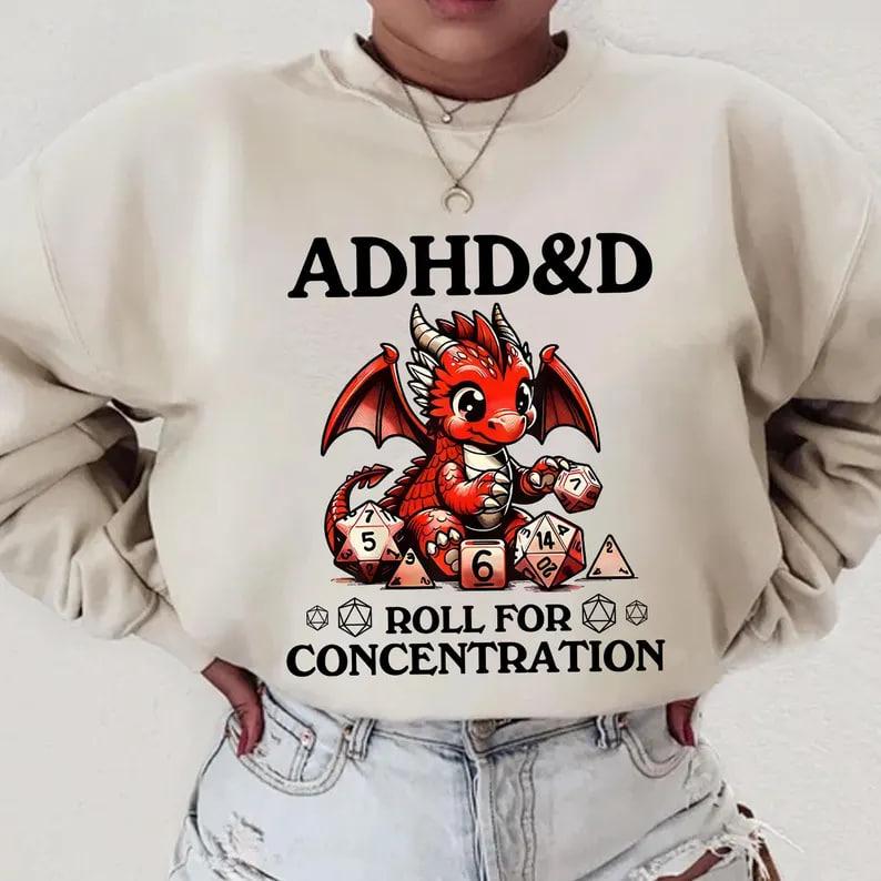 ADHD&D Roll for Concentration Sweatshirt, Dungeons and Dragons Dnd T-shirt, DnD Vintage Tee, ADHD Unisex shirt, DnD Shirt, RPG Gift, Dungeons Master S