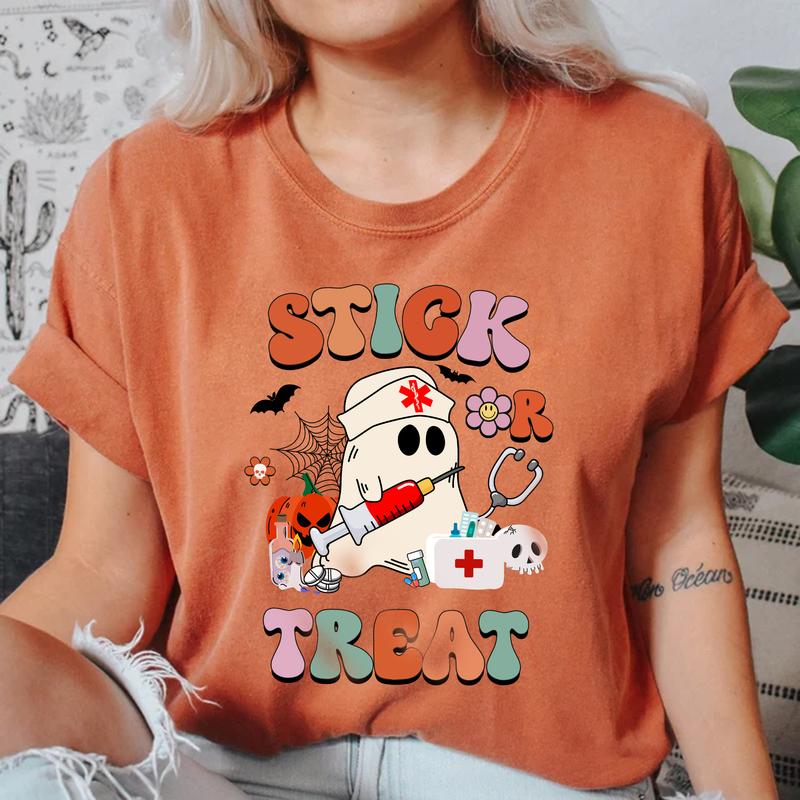 Nurse Halloween Shirt, Spooky Nurse Shirt, Stick Or Treat, Halloween Party Nurse Crew Shirts, Fall Nurse Shirt, Halloween Party Costume Casual Comfort