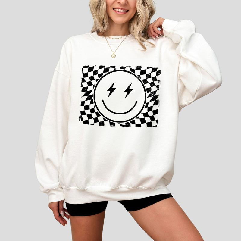 Checkered Smile Face Shirt, Retro Shirt for Women, Smile Face T-Shirt, Gift for Her, Retro Checkered Tee, Vintage Face Funny Shirt, Women Top