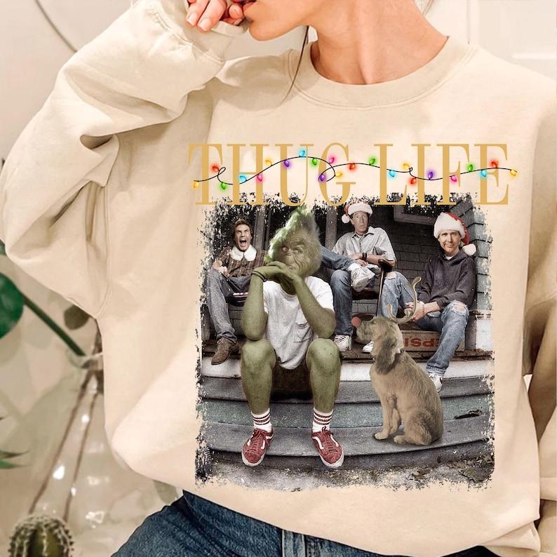 Thug Life Christmas Shirt, Character Xmas Shirt, Christmas Character, Funny Christmas Thief Shirt Casual Collar Cotton Fabric