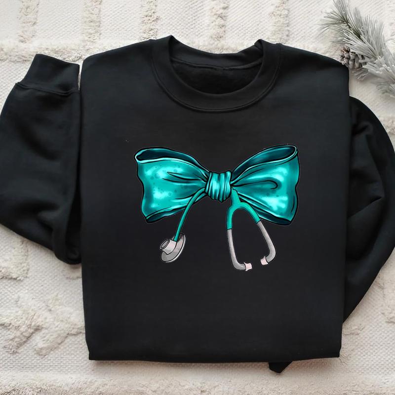 Coquette Nurse Stethoscope Bow Sweatshirt, Nurse Blue Bow Sweater, Nurse Bow Shirt, Gift For Nurse, Unisex Shirt, Full Size, Gift For Her