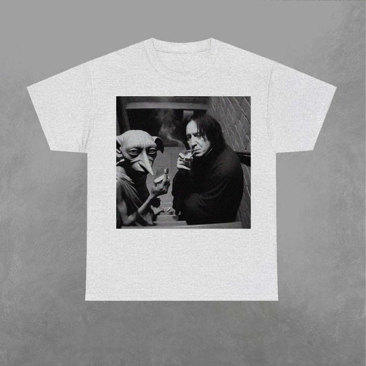 Snape and Dobby Smoking on Stairs Shirt, Dobby Sweatshirt, Wizard House Shirt, Wizarding Fan, Retro Funny Movie Graphic Shirt Classic Fabric