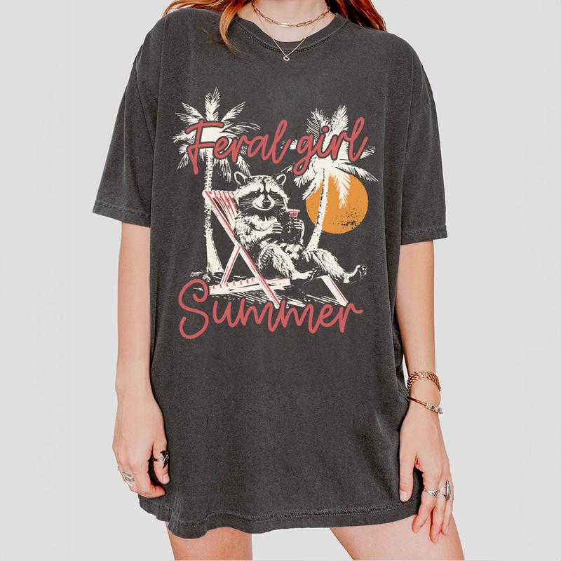 Feral Girl Summer Shirt, Feral Women Comfort Tee, Racoon Lover Shirt, Funny Raccoon T-Shirt, Beach Shirt, Beach Vacation Outfits, Trendy Summer Design, Feral Women Tops