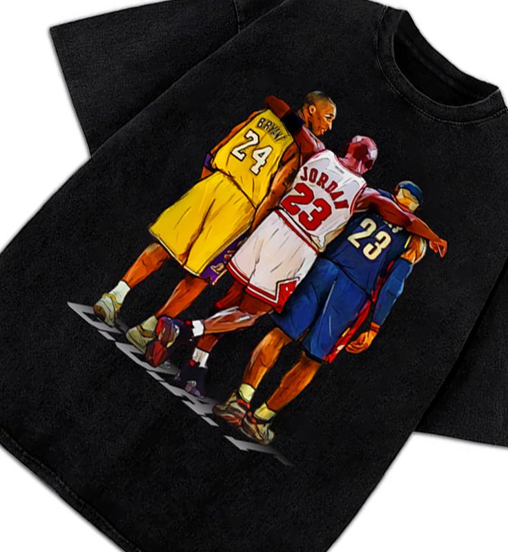 Illustrated Kobe Michael Bron Three Basketball GOAT Tribute Graphic T-Shirt Crewneck Cotton
