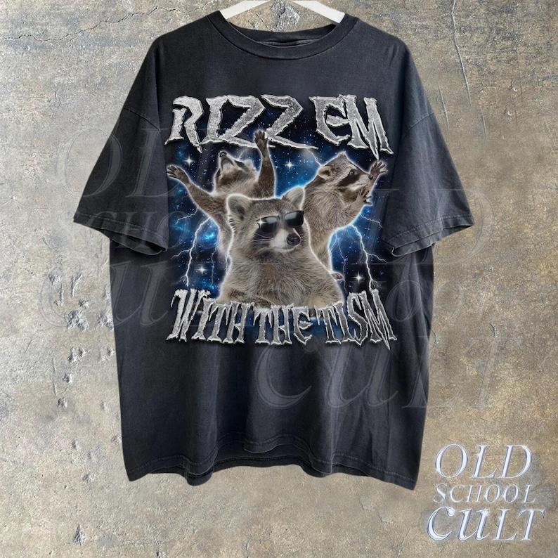 Rizz Em With The Tism Raccoon Vintage Graphic Shirt, Retro 90s Raccoon Rizz Graphic Shirt, 100% Cotton, Crew Neck, Slight Stretch, Breathable & Wear-R