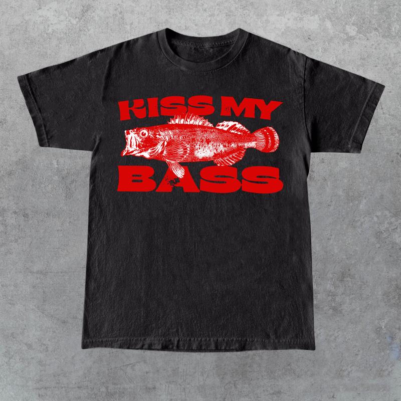 Kiss My Bass Vintage Style Fishing T-Shirt, Retro Fisher T Shirt, Fisher Gear, Fisher Graphic Shirt, Adult Unisex Relaxed Cotton Shirt - Red Design Limited Edition