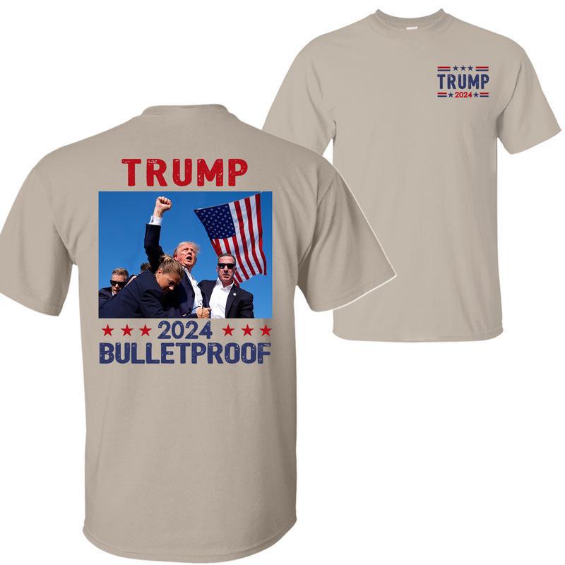Trump 2024 Bulletproof Shirt, Praying For President Trump Shirt, Bloodied Trump Fist Pumps, Trump Shirts 2024, Double Sided Graphic Printed Unisex Cla
