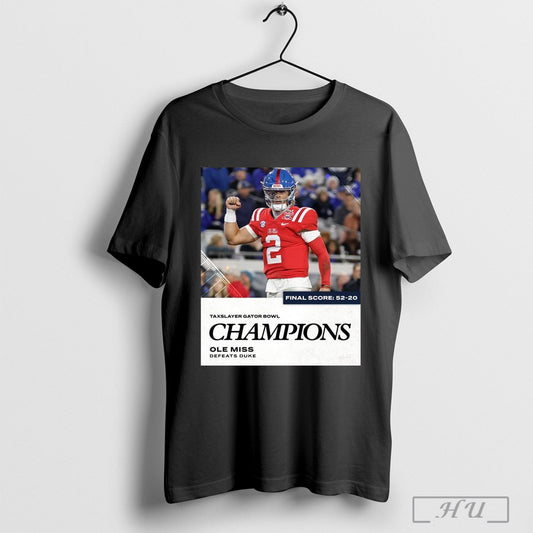 Poster Ole Miss Defeats Duke Final Score 52 20 Taxslayer Gator Bowl Football Champions 2025 Espn College T Shirt