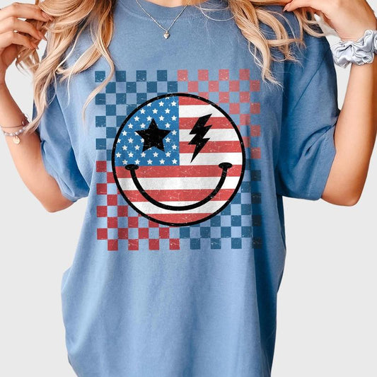 Retro Smiling 4th Of July Shirt, Patriotic Shirt, 4th Of July Checkered Shirt, America Shirt, Independence Day T Shirt, USA Flag Shirt, Funny 4th of J