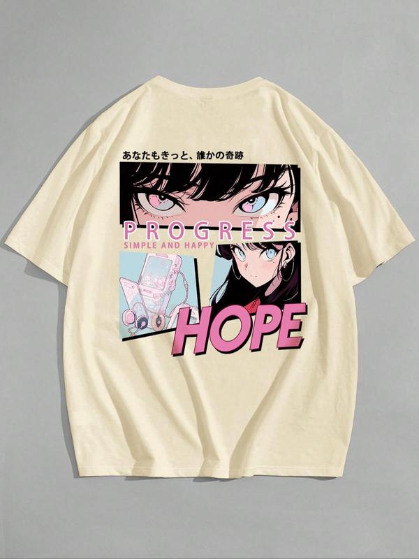 Men's Letter & Anime Cartoon Figure Print Drop Shoulder Tee, Regular FitÂ Casual Short Sleeve Round Neck T-Shirt for Summer, Men'sÂ Streetwear Top for Daily Wear, Graphic Tees,Â Summer Clothes