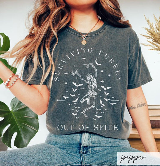 Surviving Purely out of Spite Shirt, Funny Goth Celestial Skeleton and Bats Shirt, Bat Lover Gothic Boho Garment Dyed T-Shirt