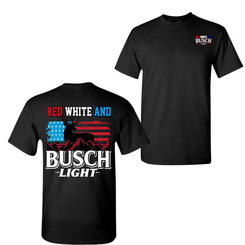 Busch Light -Beer- Red White 2-sided shirt, Beer Drinkers ,Casual Graphic Round Neck T-shirt for Summer, Fashion Top for Daily Wear, T shirt For Men A