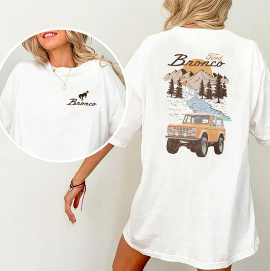 Ford Bronco T-Shirt The Vintage Car National Park T-Shirt 2 Sided, Drinking Shirt, Drink Tshirt, Casual Womenswear, Cotton Short Sleeve Shirt, Classic Women's Tops, Full Color, Menswear Top, Womenswear Top, Cider corduroy overalls, Favorite shirt