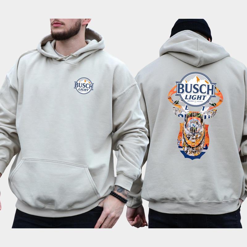 Vintage Busch Light Buck Hunt 2-Sided Hoodie, Men's Beer Drinking Hoodies, Deer Hunting Sweaters, Unisex Drink Tops, Comfort Cotton Casual Menswear, Long Sleeve Pullover
